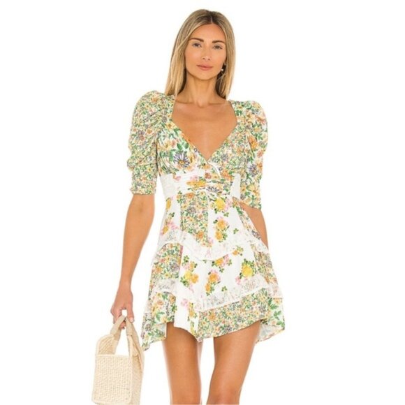 For Love And Lemons Dresses & Skirts - For Love and Lemons Rosalyn Floral Ruffle Mini Dress in Green XXS Cottagecore